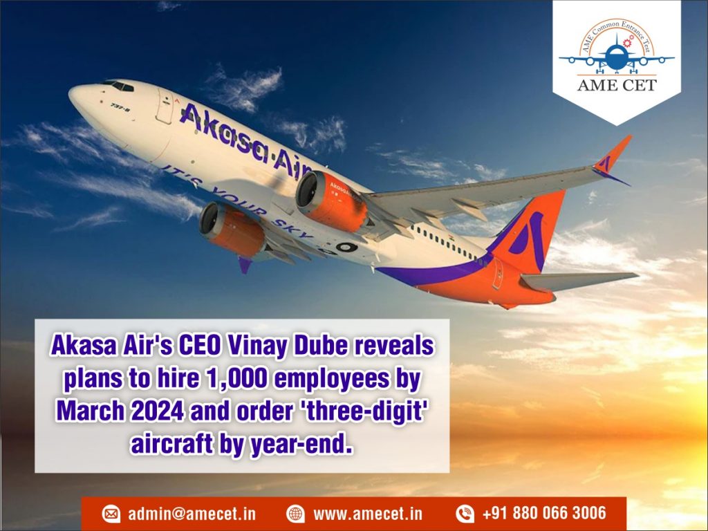 Akasa Air's CEO Vinay Dube reveals plans to hire 1,000 employees by March 2024 and order 'three-digit' aircraft by year-end.